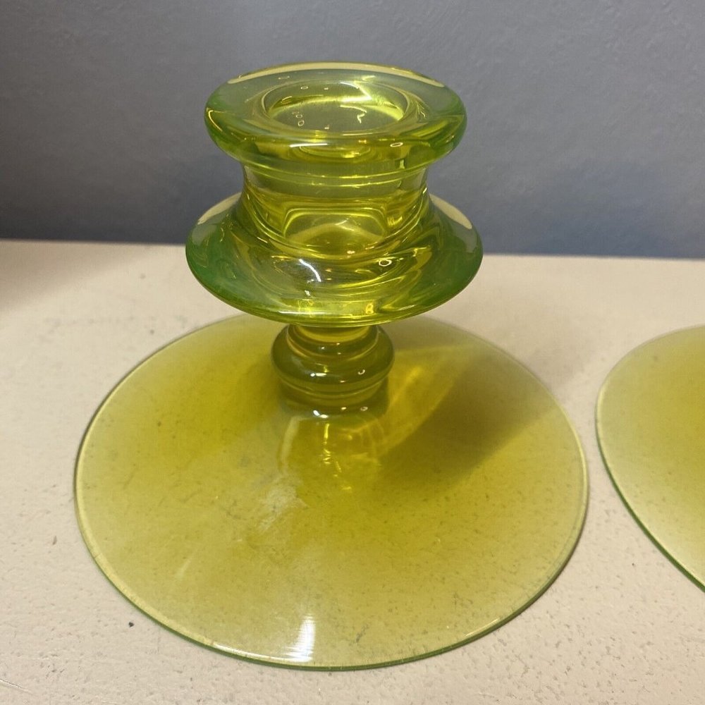 Vintage Green Uranium Vaseline Depression Glass Candlestick Holders Pair - Picture 3 of 9